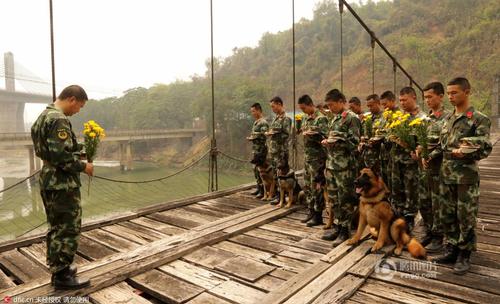 2016年3月29日，云南瑞麗，邊防大隊江橋警犬復訓基地的官兵在警犬墓群前，帶著警犬列隊，悼念特殊的“警犬戰(zhàn)友”，敬獻花環(huán)。脫帽、默哀、敬禮，簡單的儀式承載了官兵與警犬之間深厚的戰(zhàn)友情誼。11年來，這個基地先后有12頭警犬光榮地完成使命，葬在山頭。