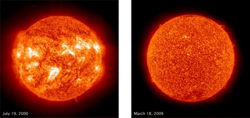 2000年(左)和2009年(右)的太陽紫外線圖像。(圖片來源：NASA)