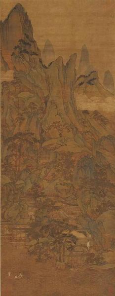 胡廷暉《春山泛艇圖》 絹本，青綠設(shè)色，縱143cm，橫55.5cm，北京故宮博物院藏