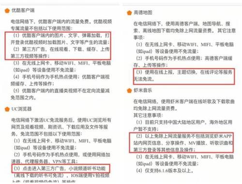 某定向流量卡說是不限流量，但設(shè)定了種種要求，用戶難以做到不使用套餐外流量。APP截圖