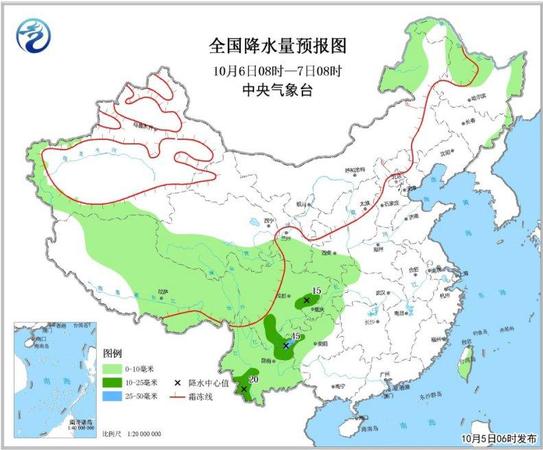 圖3 全國降水量預(yù)報圖(10月6日08時-7日08時)