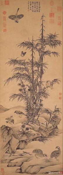 王淵，《竹雀圖》軸，元，紙本水墨，139.3×49.9厘米，日本大阪市立美術館藏