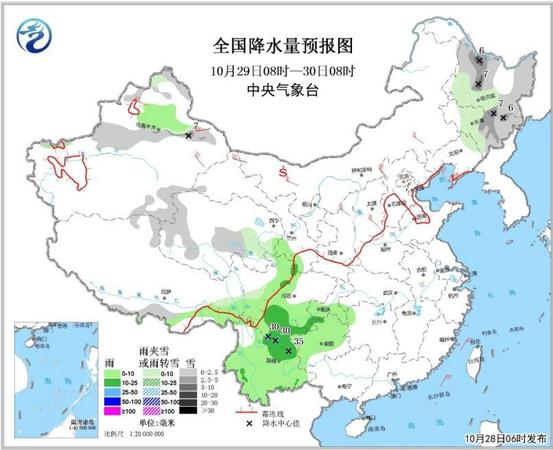 圖2全國降水量預(yù)報(bào)圖（10月29日08時(shí)-30日08時(shí)）