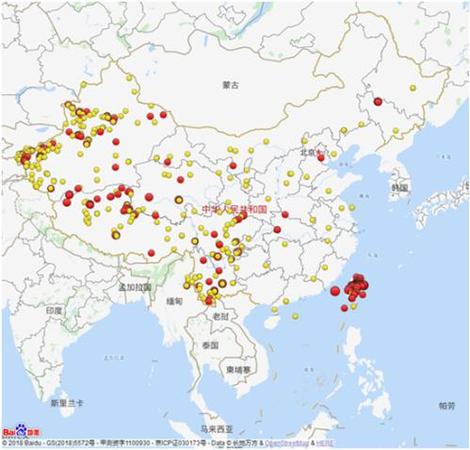 2018年全國(guó)3級(jí)及以上地震分布圖(四級(jí)以上紅色標(biāo)注)。圖片來源：中國(guó)地震臺(tái)網(wǎng)微信公眾號(hào)