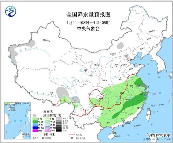 圖4 全國降水量預(yù)報(bào)圖(1月11日08時(shí)-12日08時(shí))