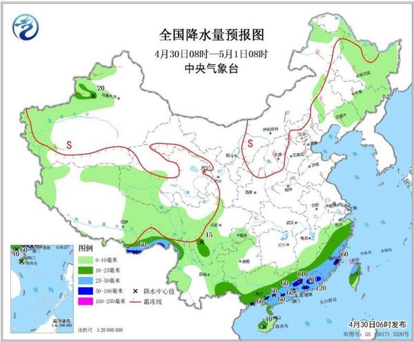 圖3 全國降水量預報圖(4月30日08時-5月1日08時)