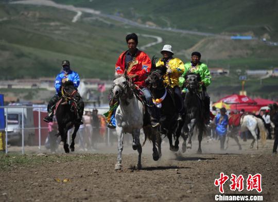 圖為來自甘、青、寧等地的選手參加抓喜秀龍鎮(zhèn)賽馬節(jié)?！〈蘖?攝