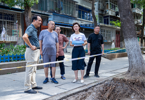 王小雨（右二）與政協(xié)委員、居民代表就小區(qū)管道安裝事宜現(xiàn)場(chǎng)協(xié)商。 （圖片由受訪者提供）